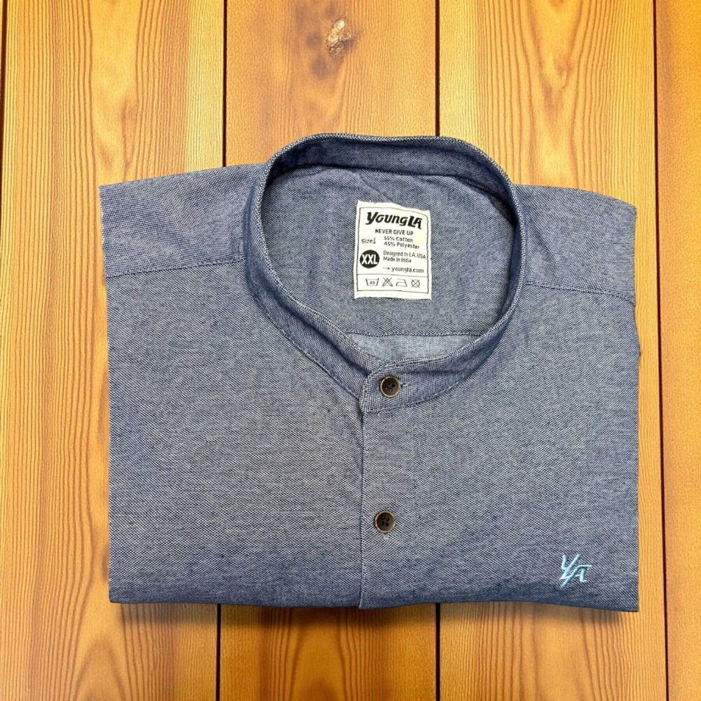 Young LA Blue Cotton Blend Button Down Band Collar Shirt‎